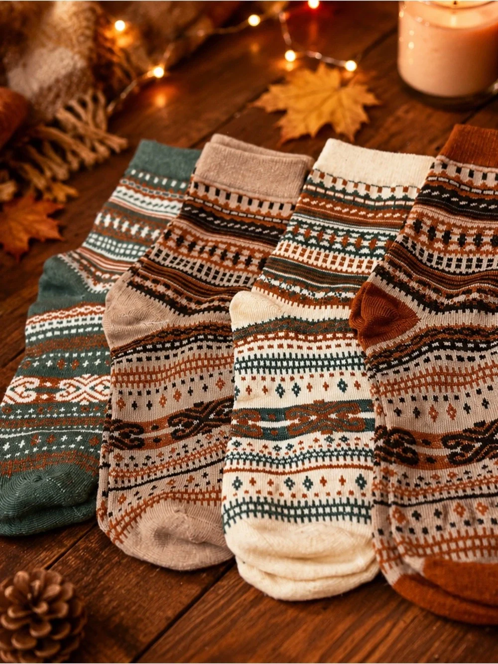 Cozy Patterned Crew Socks - Green, Beige, Cream, Brown - Unbranded